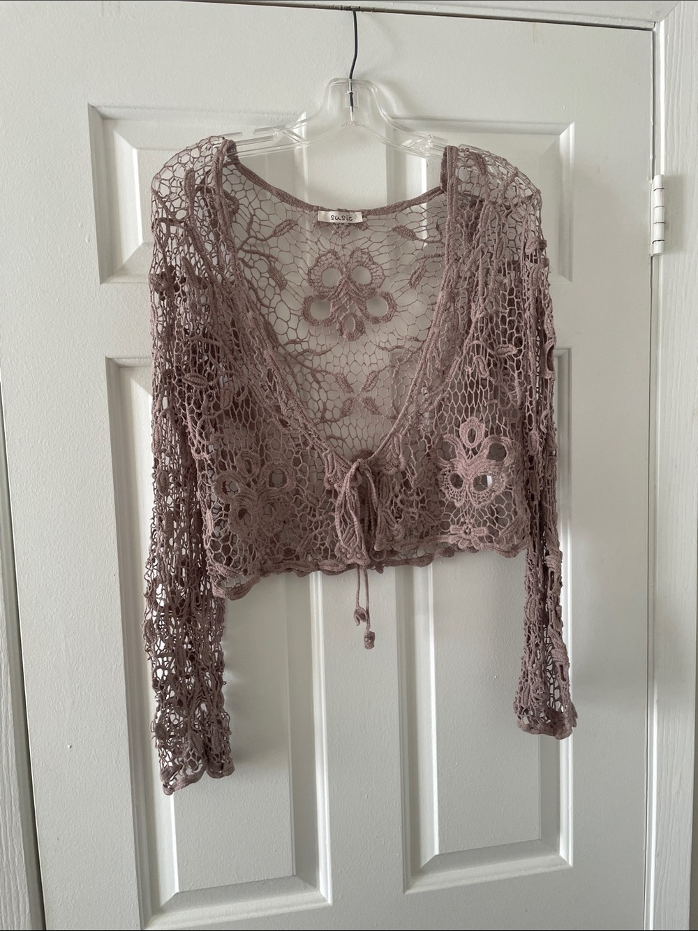 Crochet Tie-Front Shrug in Dusty Mauve